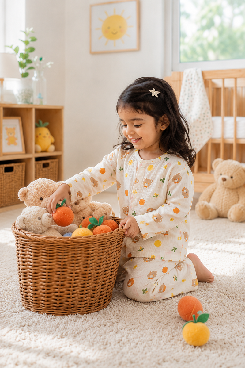 Just Bear Orange| Premium Crinkled Double Layered Soft Unisex Muslin Set for New Born to 6 Years