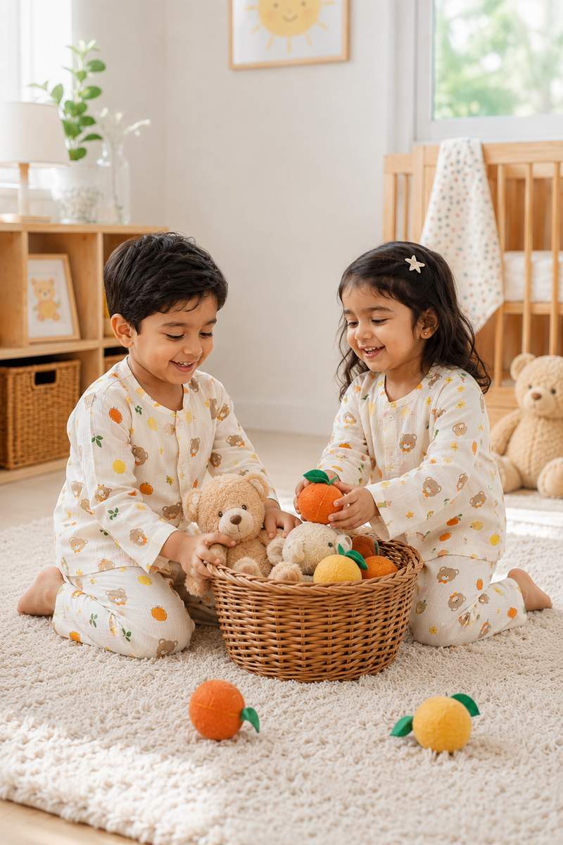 Just Bear Orange| Premium Crinkled Double Layered Soft Unisex Muslin Set for New Born to 6 Years