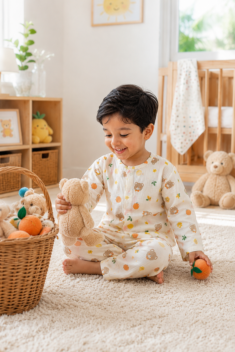 Just Bear Orange| Premium Crinkled Double Layered Soft Unisex Muslin Set for New Born to 6 Years