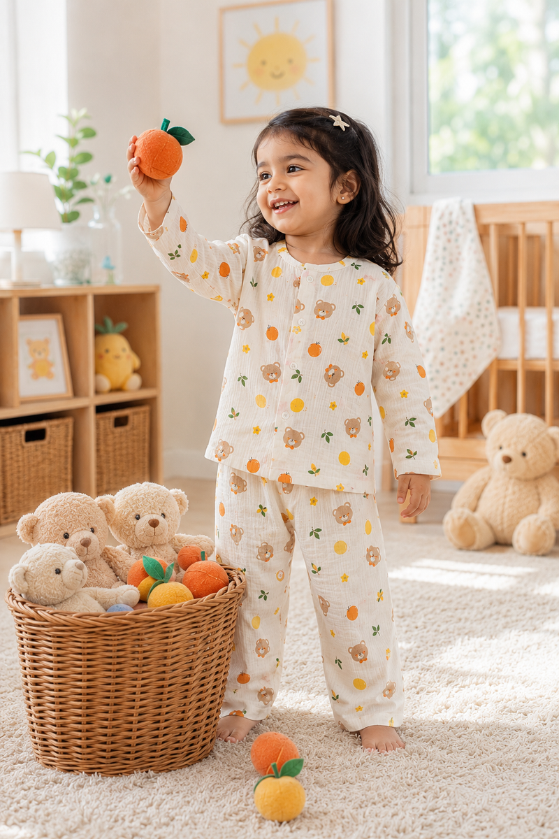 Just Bear Orange| Premium Crinkled Double Layered Soft Unisex Muslin Set for New Born to 6 Years