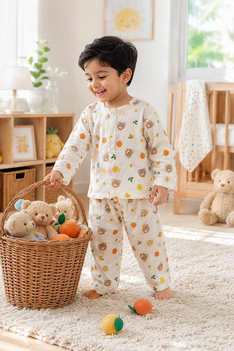 Just Bear Orange| Premium Crinkled Double Layered Soft Unisex Muslin Set for New Born to 6 Years