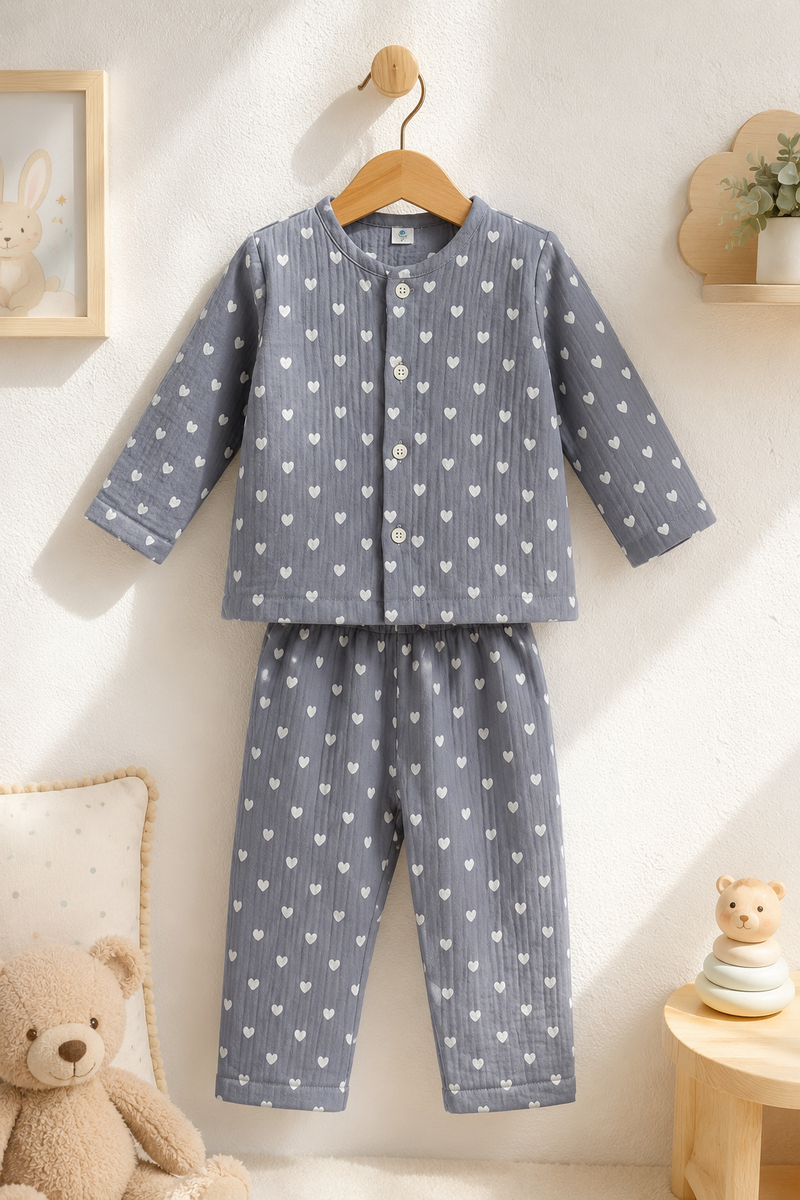 Just Grey Hearts| Premium Crinkled Double Layered Soft Unisex Muslin Set for New Born to 6 Years
