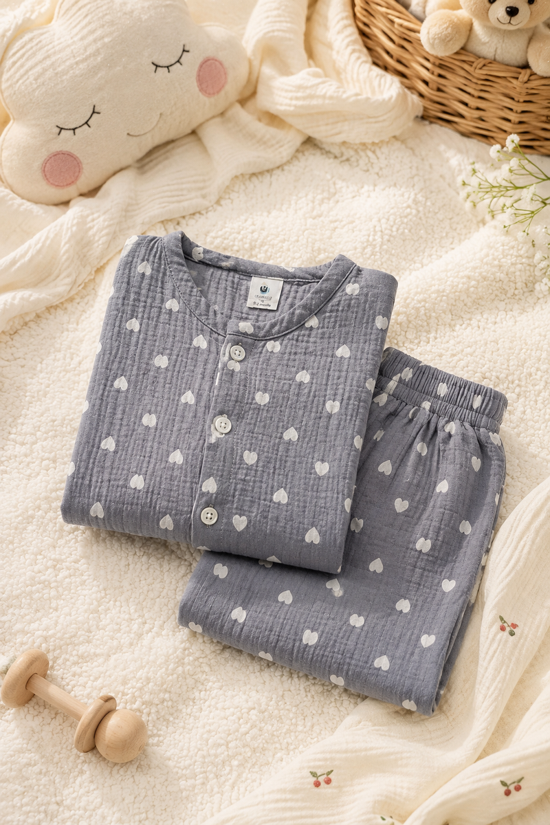 Just Grey Hearts| Premium Crinkled Double Layered Soft Unisex Muslin Set for New Born to 6 Years