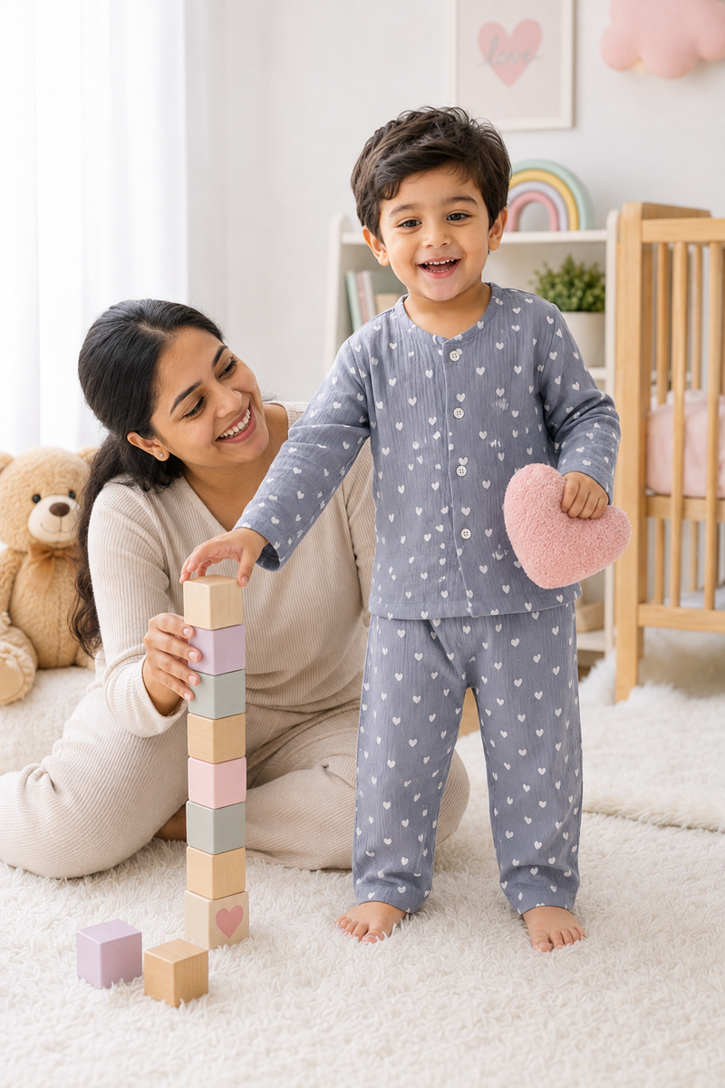 Just Grey Hearts| Premium Crinkled Double Layered Soft Unisex Muslin Set for New Born to 6 Years