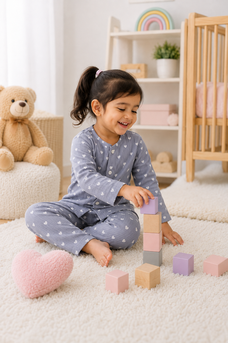 Just Grey Hearts| Premium Crinkled Double Layered Soft Unisex Muslin Set for New Born to 6 Years