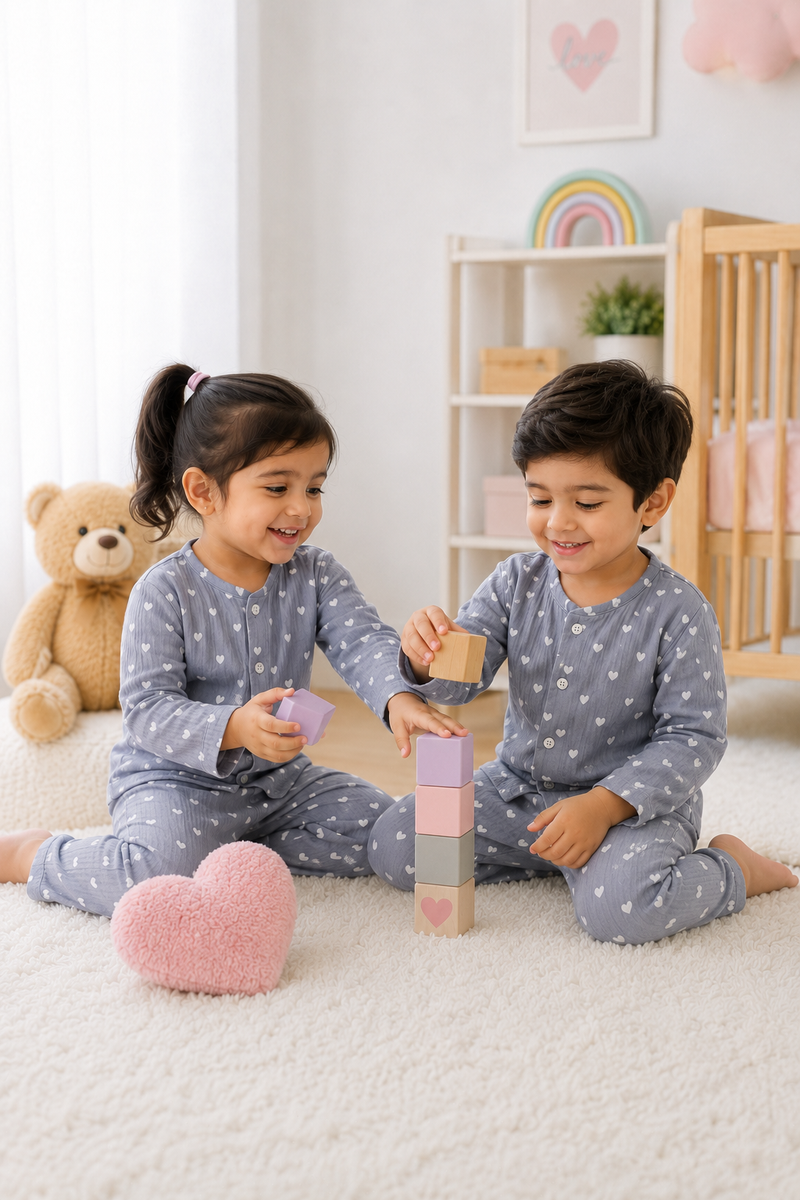 Just Grey Hearts| Premium Crinkled Double Layered Soft Unisex Muslin Set for New Born to 6 Years