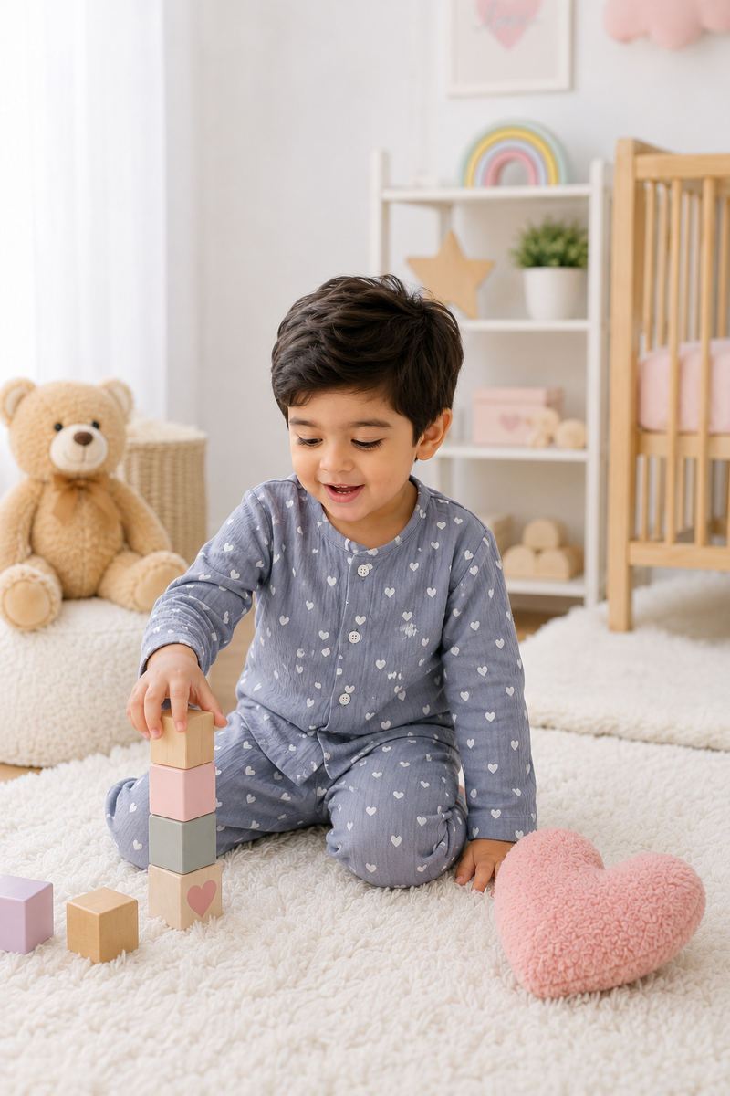 Just Grey Hearts| Premium Crinkled Double Layered Soft Unisex Muslin Set for New Born to 6 Years