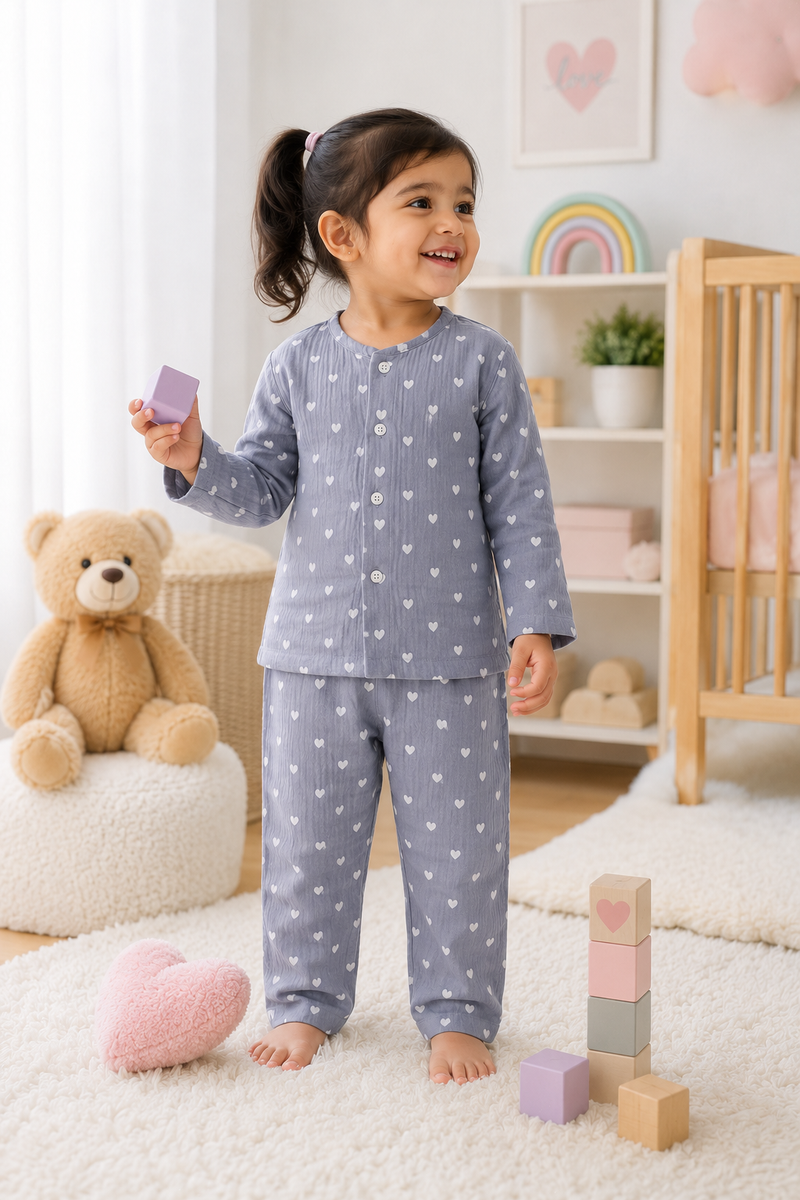 Just Grey Hearts| Premium Crinkled Double Layered Soft Unisex Muslin Set for New Born to 6 Years