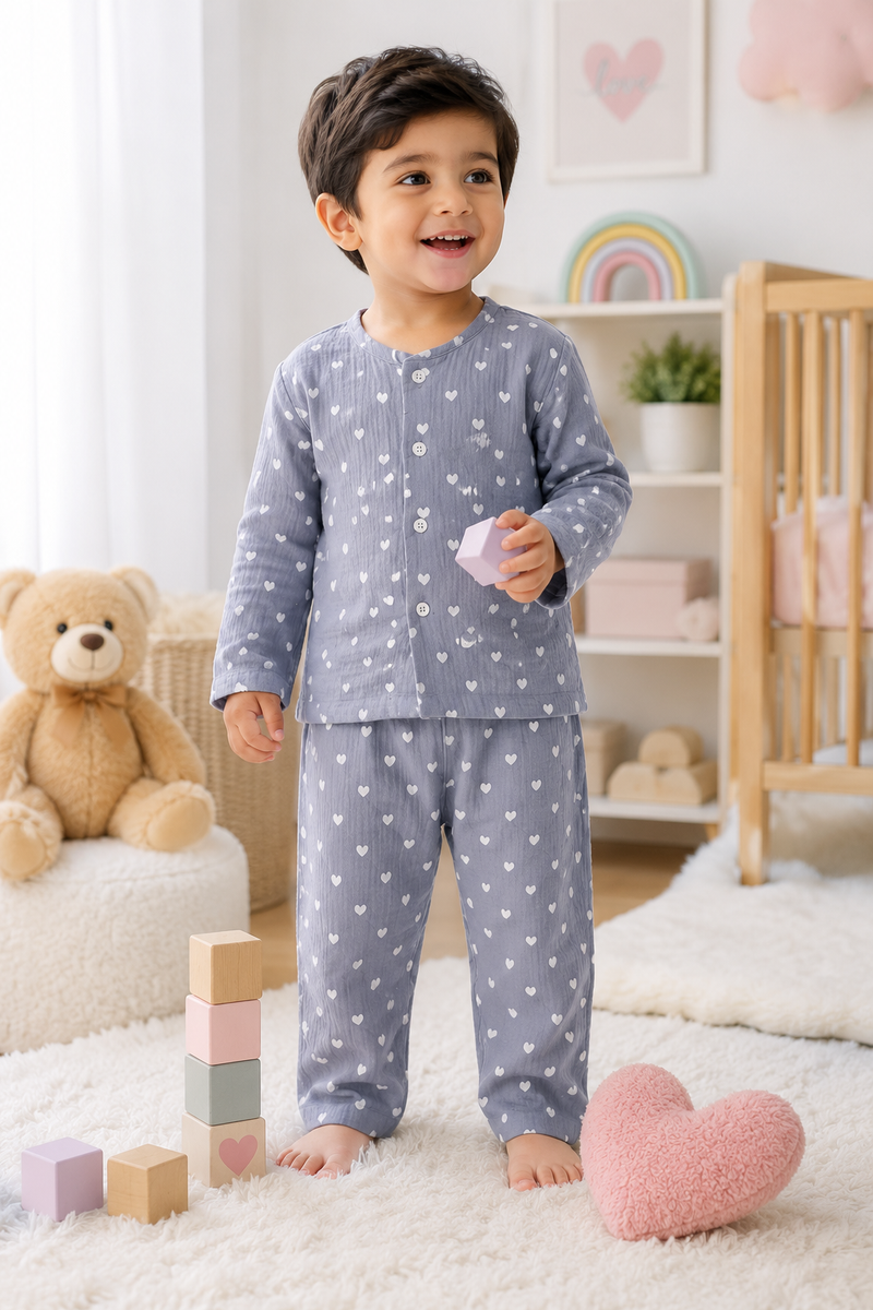 Just Grey Hearts| Premium Crinkled Double Layered Soft Unisex Muslin Set for New Born to 6 Years