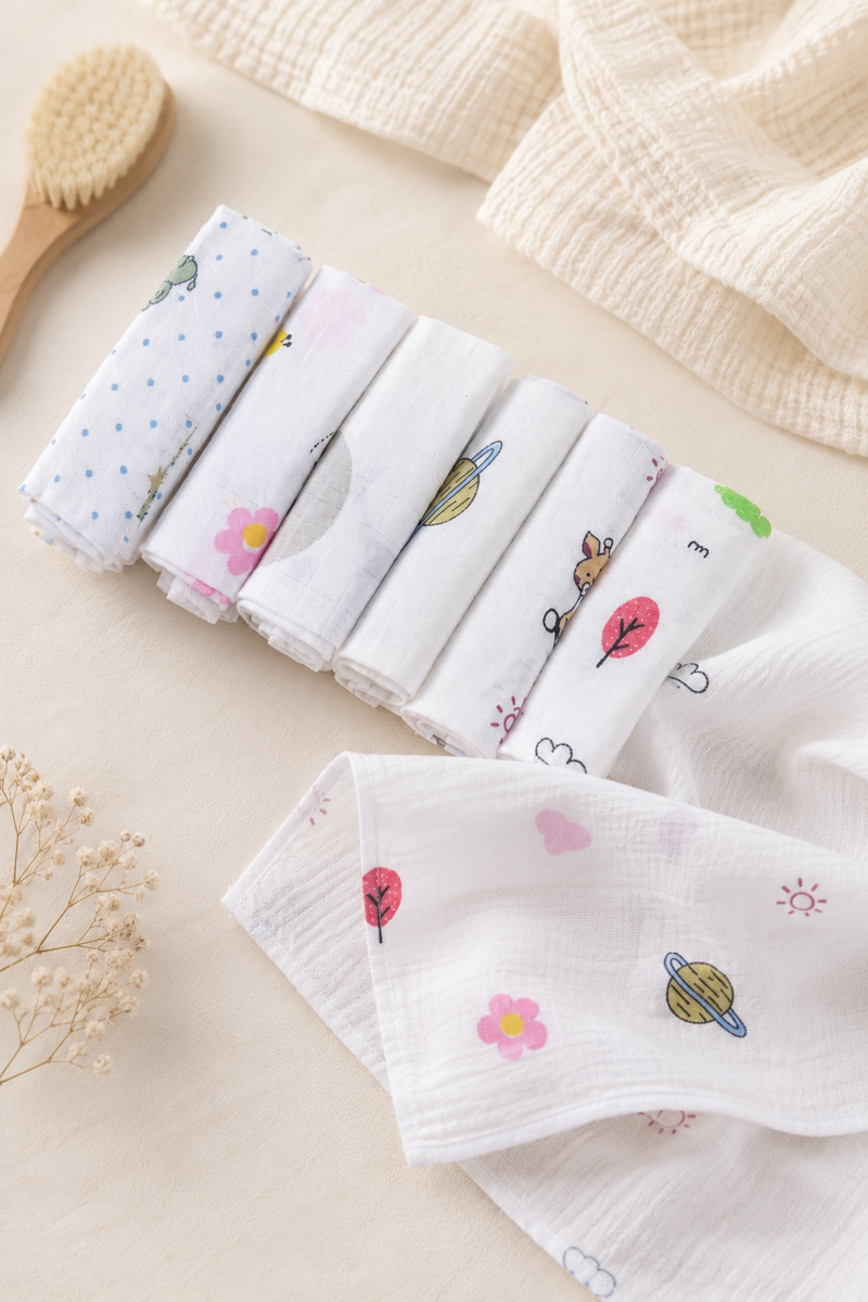 Pack of 7 Baby face Towels - Single Layer Soft Cotton Checkered Muslin