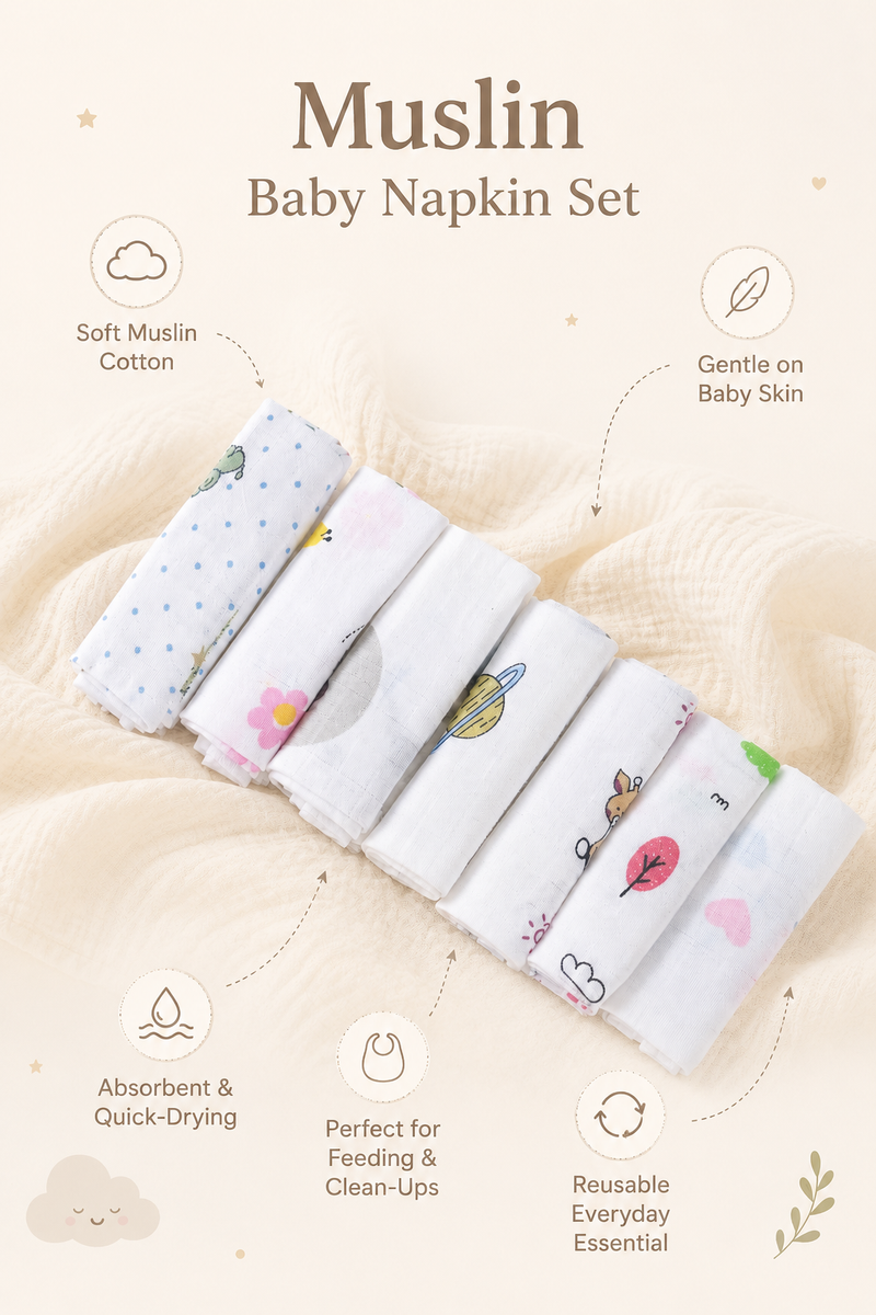 Pack of 7 Baby face Towels - Single Layer Soft Cotton Checkered Muslin