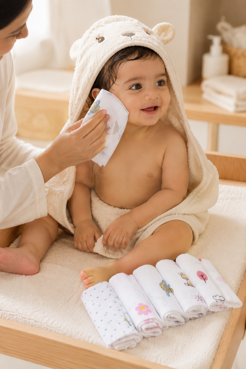 Pack of 7 Baby face Towels - Single Layer Soft Cotton Checkered Muslin