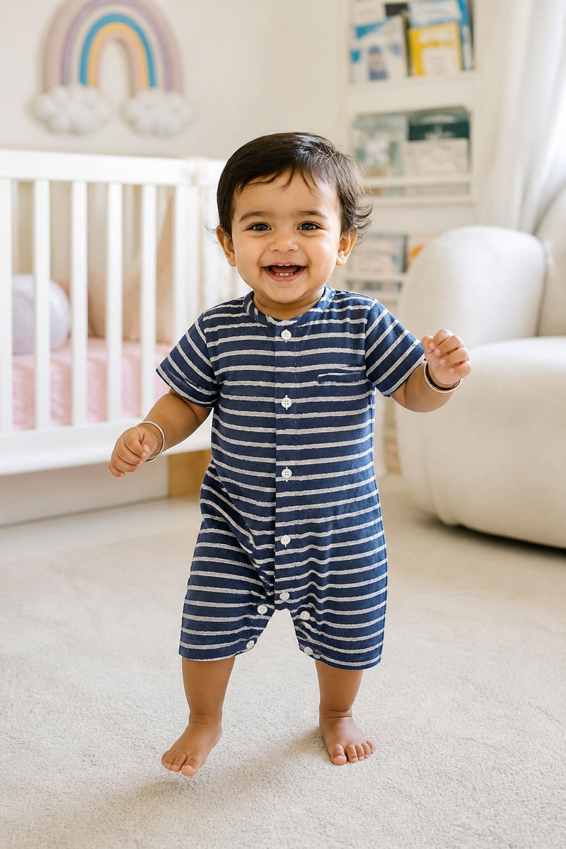 Navy Stripes | Short Sleeves | Unisex Romper Bodysuit | 100% Cotton Muslin for 0 to 2 Yrs