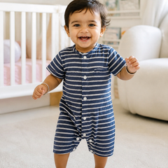 Navy Stripes | Short Sleeves | Unisex Romper Bodysuit | 100% Cotton Muslin for 0 to 2 Yrs