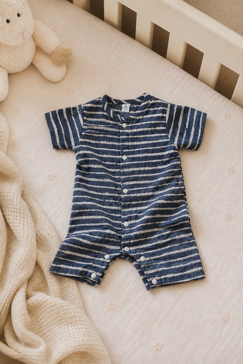 Navy Stripes | Short Sleeves | Unisex Romper Bodysuit | 100% Cotton Muslin for 0 to 2 Yrs