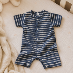 Navy Stripes | Short Sleeves | Unisex Romper Bodysuit | 100% Cotton Muslin for 0 to 2 Yrs