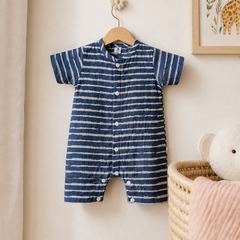 Navy Stripes | Short Sleeves | Unisex Romper Bodysuit | 100% Cotton Muslin for 0 to 2 Yrs