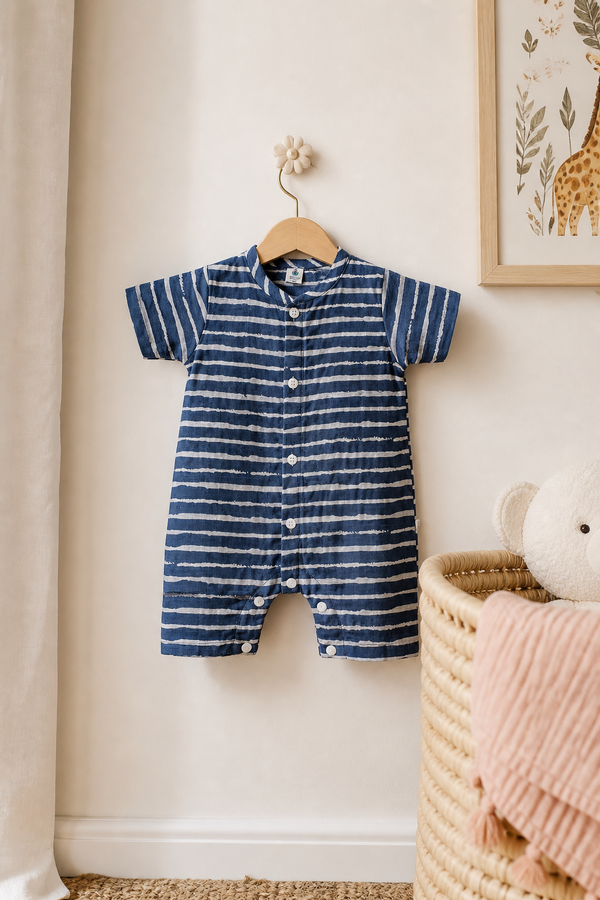 Navy Stripes | Short Sleeves | Unisex Romper Bodysuit | 100% Cotton Muslin for 0 to 2 Yrs