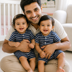 Navy Stripes | Short Sleeves | Unisex Romper Bodysuit | 100% Cotton Muslin for 0 to 2 Yrs
