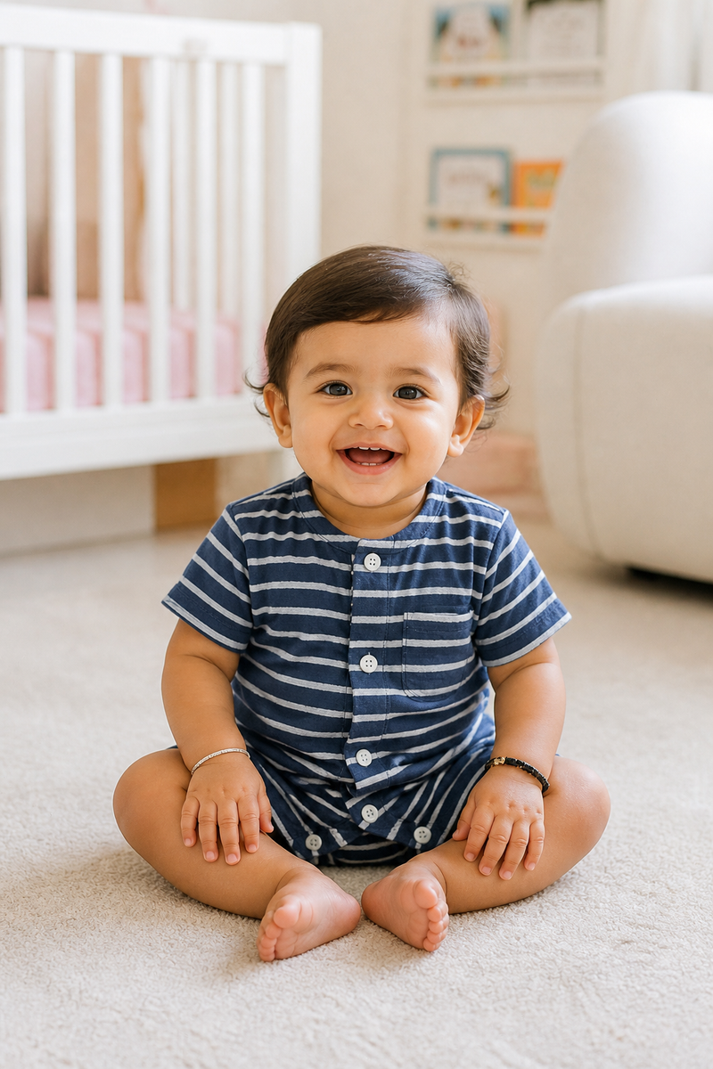 Navy Stripes | Short Sleeves | Unisex Romper Bodysuit | 100% Cotton Muslin for 0 to 2 Yrs
