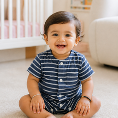 Navy Stripes | Short Sleeves | Unisex Romper Bodysuit | 100% Cotton Muslin for 0 to 2 Yrs