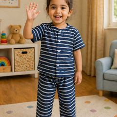 Navy Stripes |Half Sleeves|Checkered Muslin| Soft Unisex Muslin Set for New Born to 6 Years