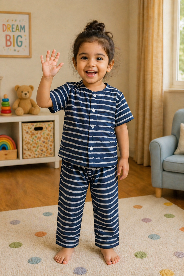 Navy Stripes |Half Sleeves|Checkered Muslin| Soft Unisex Muslin Set for New Born to 6 Years