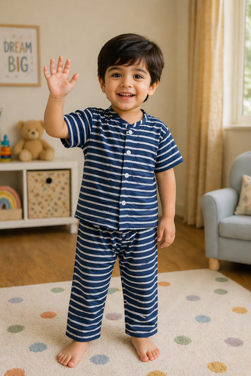 Navy Stripes |Half Sleeves|Checkered Muslin| Soft Unisex Muslin Set for New Born to 6 Years