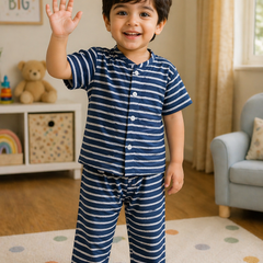 Navy Stripes |Half Sleeves|Checkered Muslin| Soft Unisex Muslin Set for New Born to 6 Years