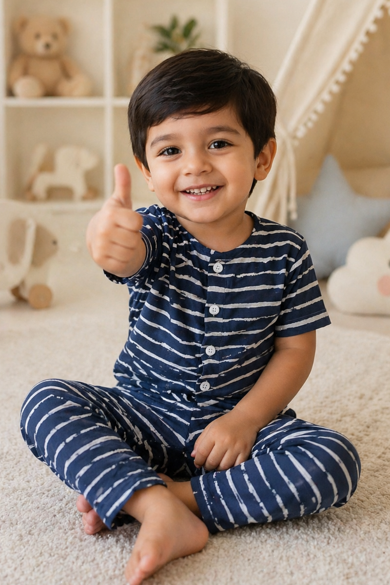 Navy Stripes |Half Sleeves|Checkered Muslin| Soft Unisex Muslin Set for New Born to 6 Years