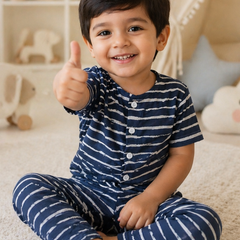 Navy Stripes |Half Sleeves|Checkered Muslin| Soft Unisex Muslin Set for New Born to 6 Years