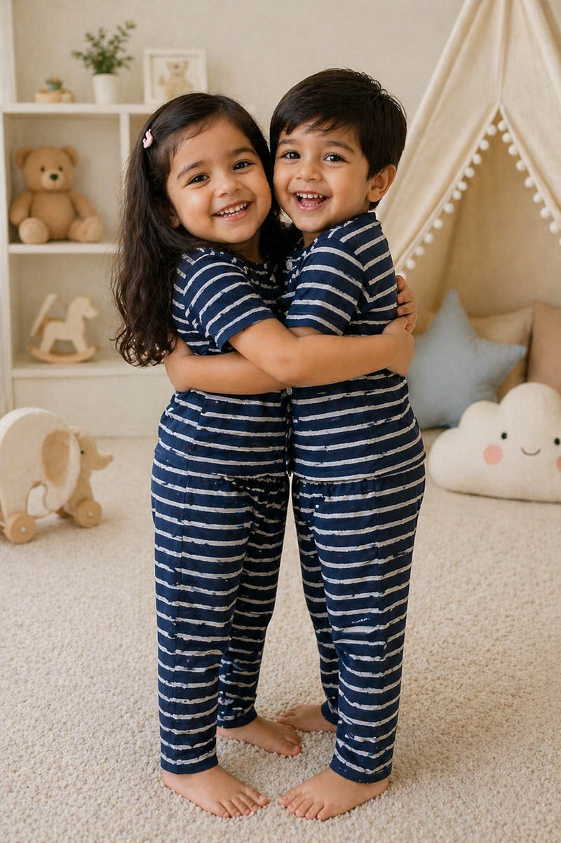 Navy Stripes |Half Sleeves|Checkered Muslin| Soft Unisex Muslin Set for New Born to 6 Years