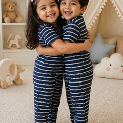 Navy Stripes |Half Sleeves|Checkered Muslin| Soft Unisex Muslin Set for New Born to 6 Years