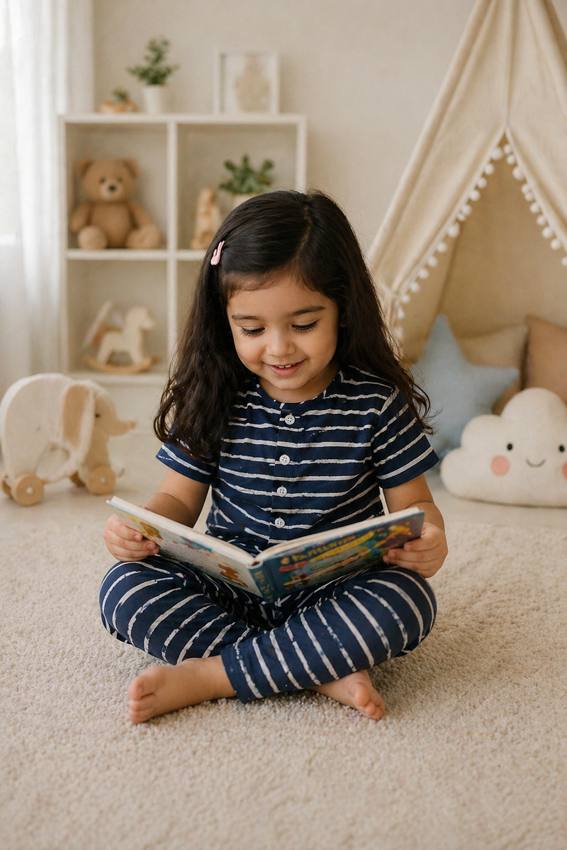 Navy Stripes |Half Sleeves|Checkered Muslin| Soft Unisex Muslin Set for New Born to 6 Years