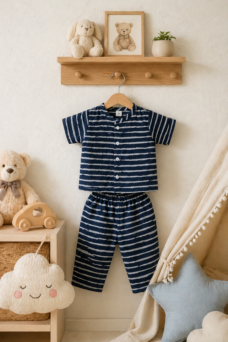 Navy Stripes |Half Sleeves|Checkered Muslin| Soft Unisex Muslin Set for New Born to 6 Years