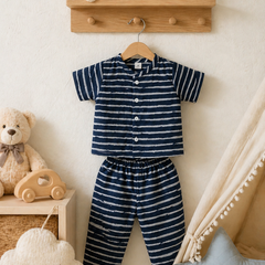 Navy Stripes |Half Sleeves|Checkered Muslin| Soft Unisex Muslin Set for New Born to 6 Years