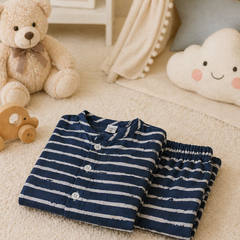 Navy Stripes |Half Sleeves|Checkered Muslin| Soft Unisex Muslin Set for New Born to 6 Years