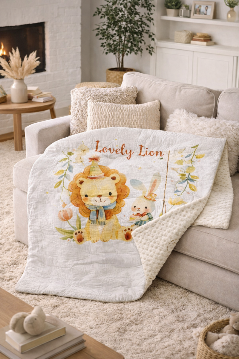 Muslin and Mink Plush Baby Blanket | Cute Blankets for 0 to 2 Yrs | Reversible with Plush Minky Dot Fabric - Lion