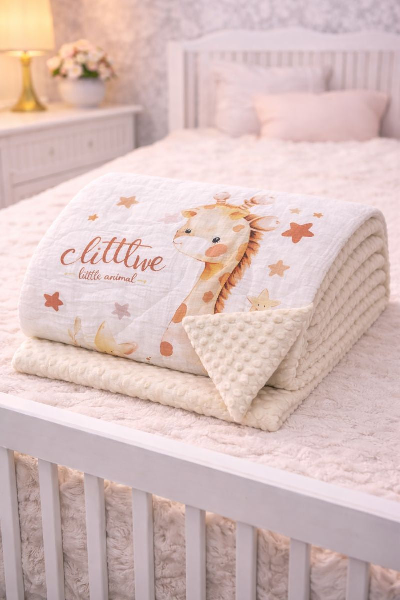 Muslin and Mink Plush Baby Blanket | Cute Blankets for 0 to 2 Yrs | Reversible with Plush Minky Dot Fabric - Giraffe