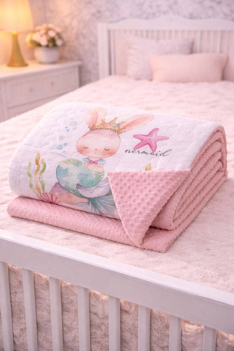 Muslin and Mink Plush Baby Blanket | Cute Blankets for 0 to 2 Yrs | Reversible with Plush Minky Dot Fabric - Mermaid
