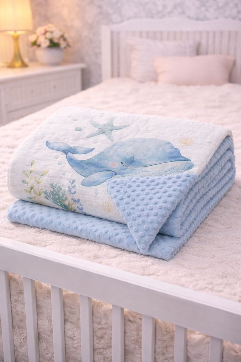 Muslin and Mink Plush Baby Blanket | Cute Blankets for 0 to 2 Yrs | Reversible with Plush Minky Dot Fabric - Blue Whale