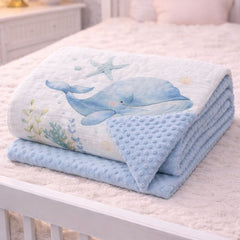 Muslin and Mink Plush Baby Blanket | Cute Blankets for 0 to 2 Yrs | Reversible with Plush Minky Dot Fabric - Blue Whale
