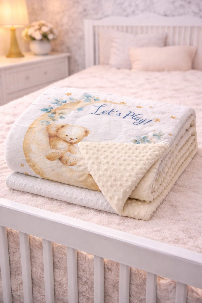 Muslin and Mink Plush Baby Blanket | Cute Blankets for 0 to 2 Yrs | Reversible with Plush Minky Dot Fabric - Lets Play