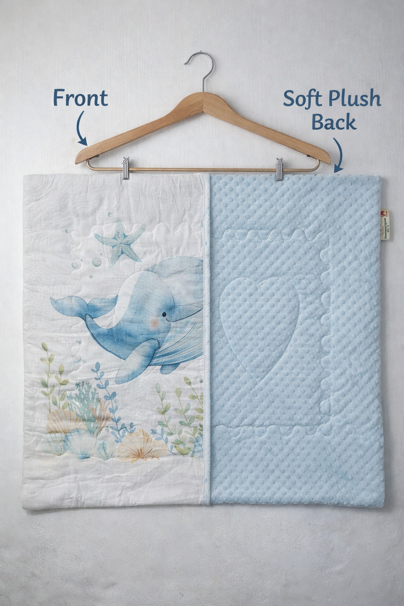 Muslin and Mink Plush Baby Blanket | Cute Blankets for 0 to 2 Yrs | Reversible with Plush Minky Dot Fabric - Blue Whale
