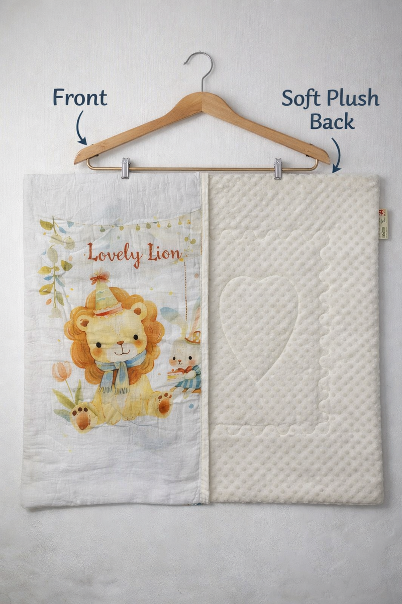 Muslin and Mink Plush Baby Blanket | Cute Blankets for 0 to 2 Yrs | Reversible with Plush Minky Dot Fabric - Lion