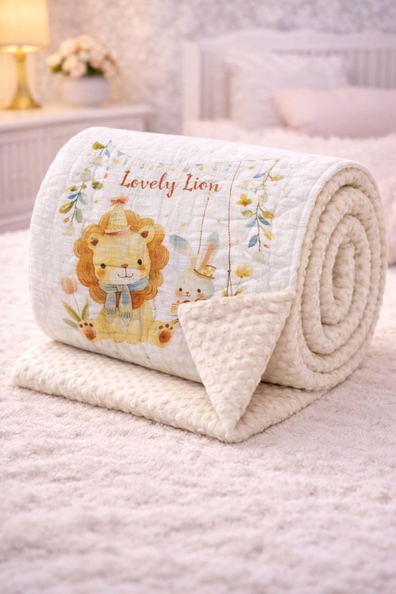 Muslin and Mink Plush Baby Blanket | Cute Blankets for 0 to 2 Yrs | Reversible with Plush Minky Dot Fabric - Lion
