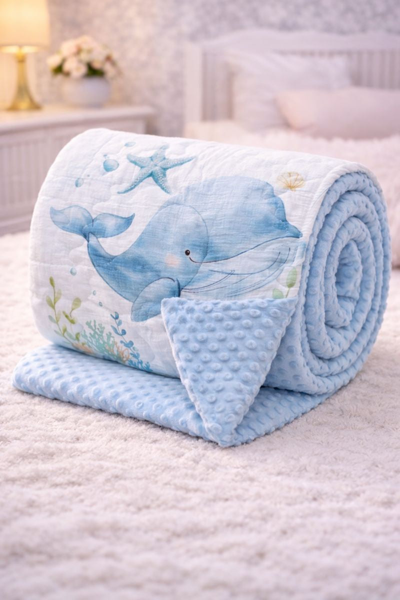Muslin and Mink Plush Baby Blanket | Cute Blankets for 0 to 2 Yrs | Reversible with Plush Minky Dot Fabric - Blue Whale