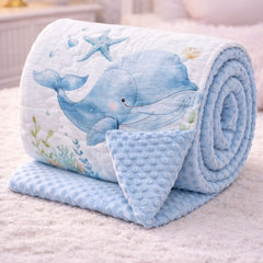 Muslin and Mink Plush Baby Blanket | Cute Blankets for 0 to 2 Yrs | Reversible with Plush Minky Dot Fabric - Blue Whale