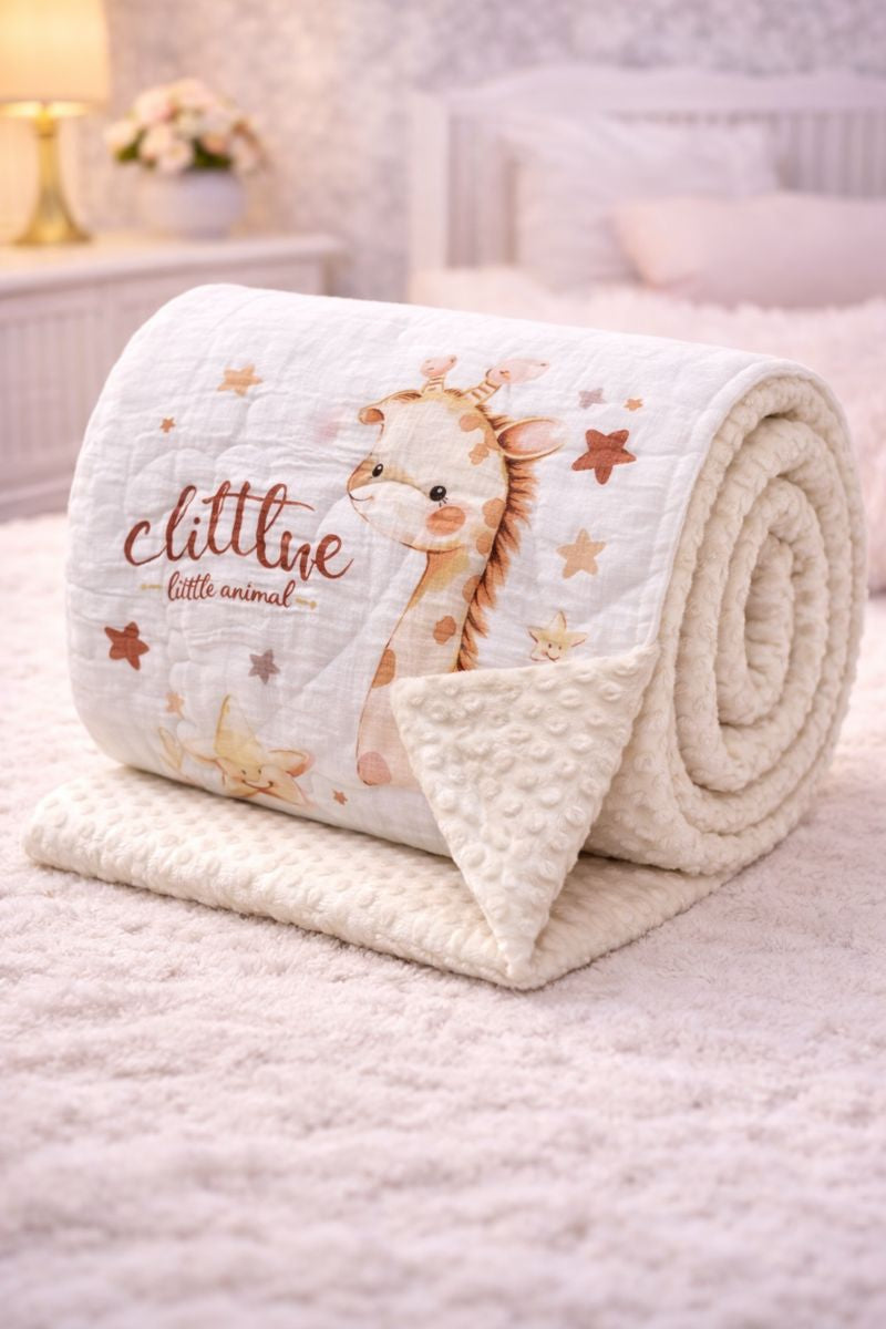 Muslin and Mink Plush Baby Blanket | Cute Blankets for 0 to 2 Yrs | Reversible with Plush Minky Dot Fabric - Giraffe