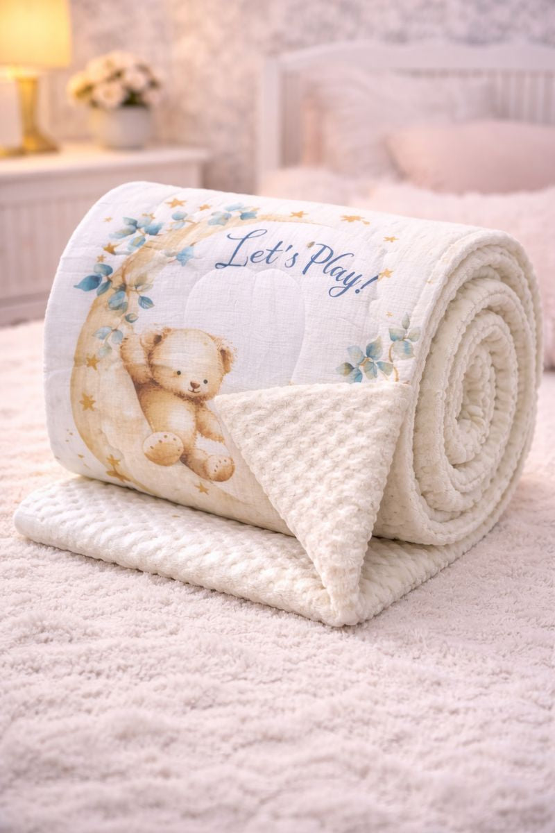 Muslin and Mink Plush Baby Blanket | Cute Blankets for 0 to 2 Yrs | Reversible with Plush Minky Dot Fabric - Lets Play